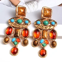 new vintage metal colorful stone earrings high quality crystal dangle long drop earring statement jewelry accessories for women