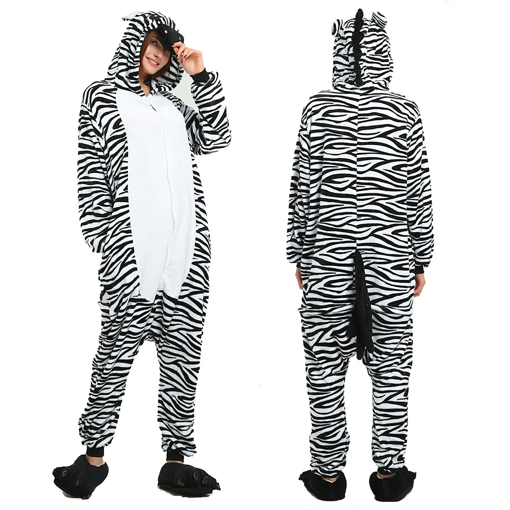 Kigurumi Zebra Onesie Adult Women Sleepwear Costume Animal Pajamas One Piece Flannel Winter Warm Loose Men Couple Cosplay Pyjama
