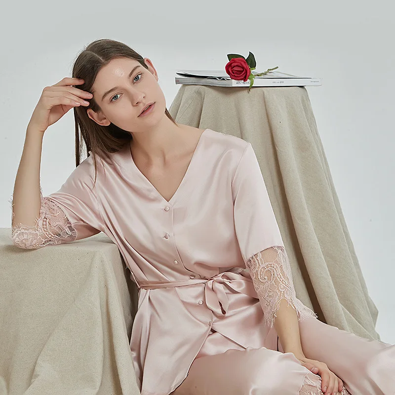 22 Momme 100% Silk Pajamas Lace Sexy Mulberry Silk Nightwear V-Neck Sleepwear Solid Color Half Loungewear Women with Belt