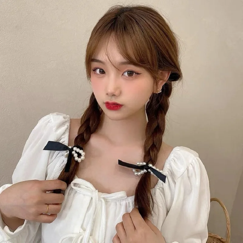 

Женская резинка для волос с жемчугом, элегантная эластичная резинка в корейском ретро-стиле с бантом, модные аксессуары для волос