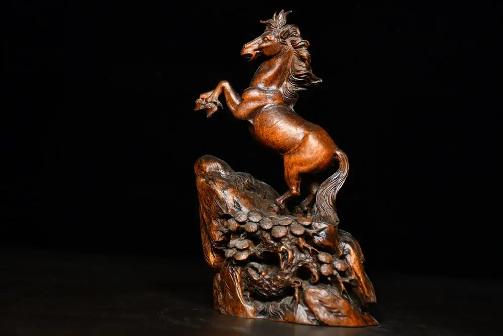 

6" China Lucky Seikos Boxwood Chinese Zodiac Horse Statue Horse riding pine wood carving War horse statue