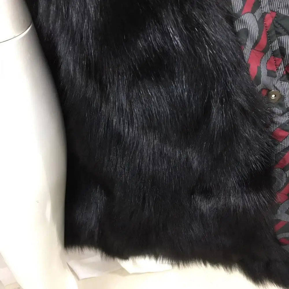 Brand Macaron design winter long black fox fur parka real fur rainbow grid design