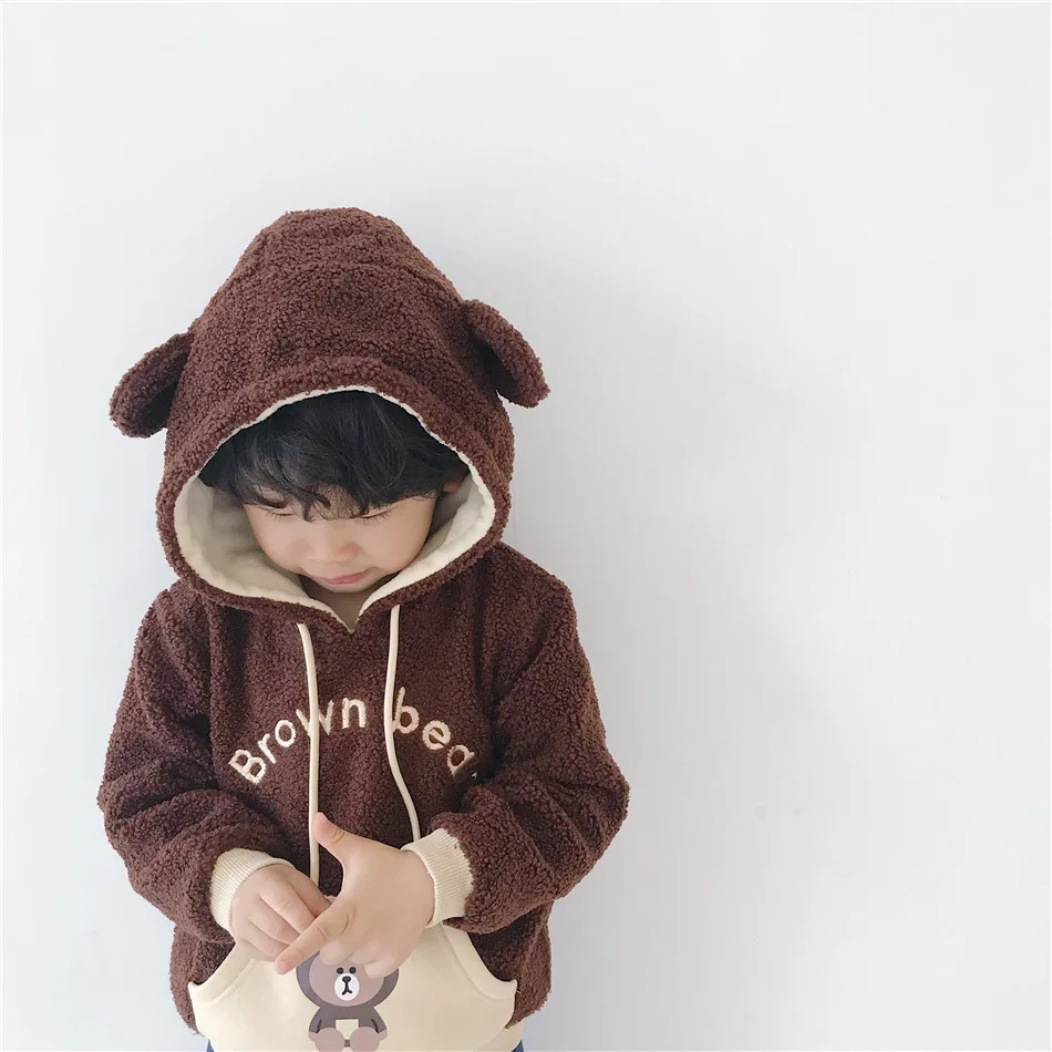 Tonytaobaby/Новинка; зимняя детская одежда для мальчиков и девочек; флисовая толстовка с капюшоном с изображением медведя и кролика