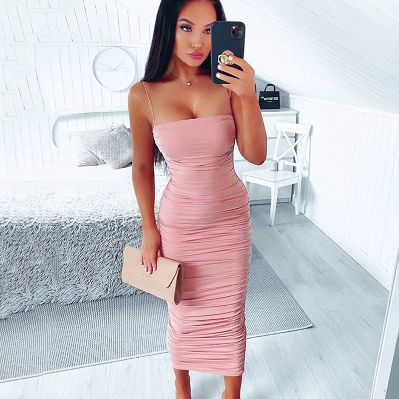 Summer Dress Women 2020 Elegant Backless Ruched Maxi Red Party Long Sexy Bodycon Dresses Ladies Night Clothes | Женская одежда