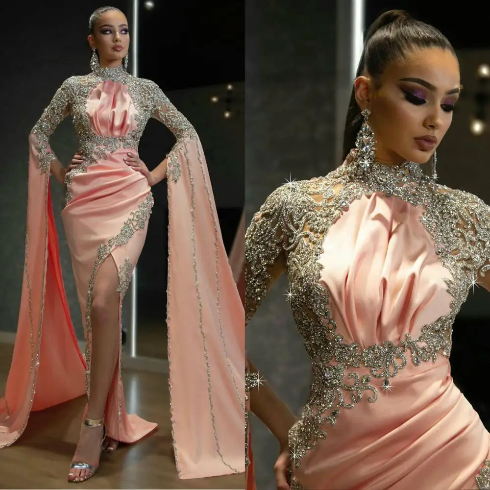 

Вечернее платье с вышивкой бисером, с длинным рукавом, разрезом по бокам, с рюшами, с высоким воротником, 2020