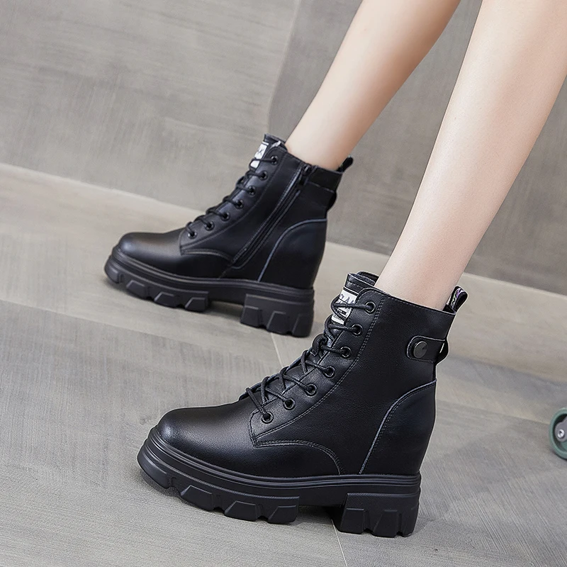 

Withered 2022 england vintage fashion cowhide High top Martin boots Motorcycle ankle boots women zippers botas mujer shoes women