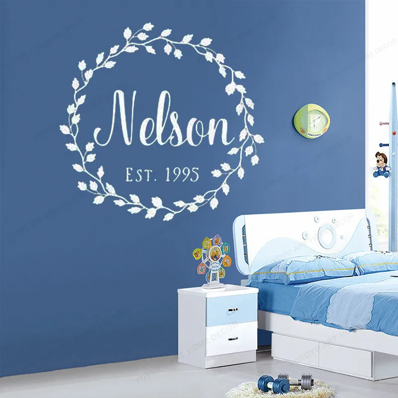 

custom Name Vinyl Wall Decal Wedding Vine Wreath wall sticker personalized kids room decor HJ984