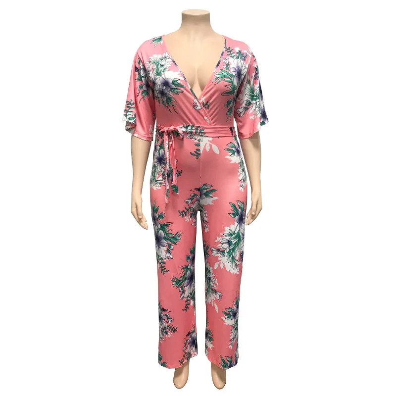 

Plus Size Deep V-neck Women Sexy Party Wear Jumpsuits 2021 Spring Short Sleeve Sashes Lace-Up Straight Rompers With Floral Print
