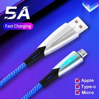 5a usb cable is suitable for apple type c micro fast charging line zinc alloy belt led luminous data line usb extension cable