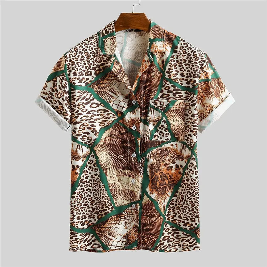 2019 летняя Гавайская Мужская рубашка с леопардовым принтом нагрудный карман