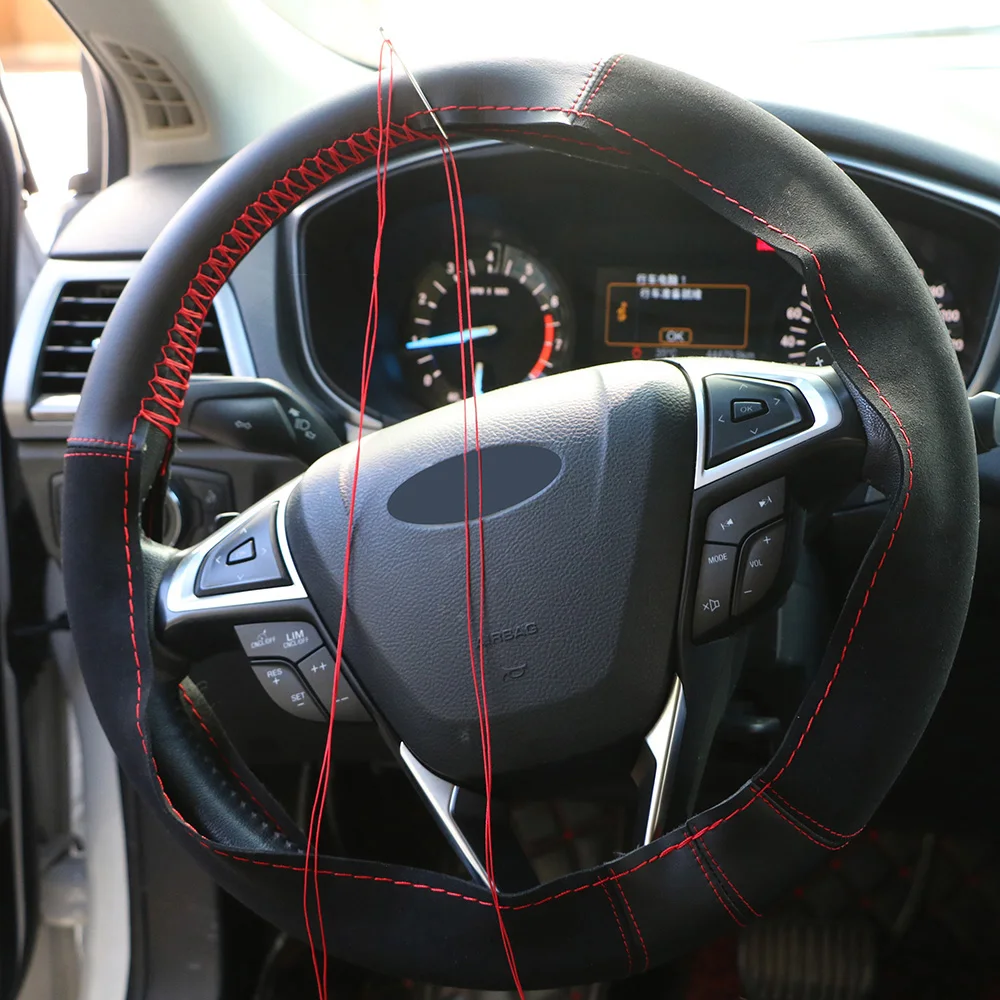 

LEEPEE 38 см чехол рулевого колеса автомобиля ПУ + замша кожа оплетка с иглами нить износостойкие противоскользящие салона автомобиля