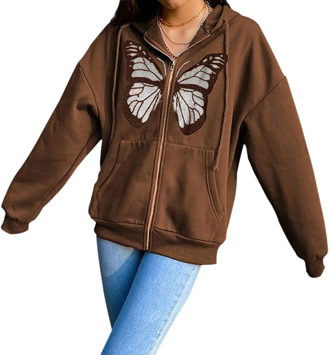 

Женская куртка с капюшоном и принтом бабочки, куртка на молнии с длинным рукавом и карманами для женщин