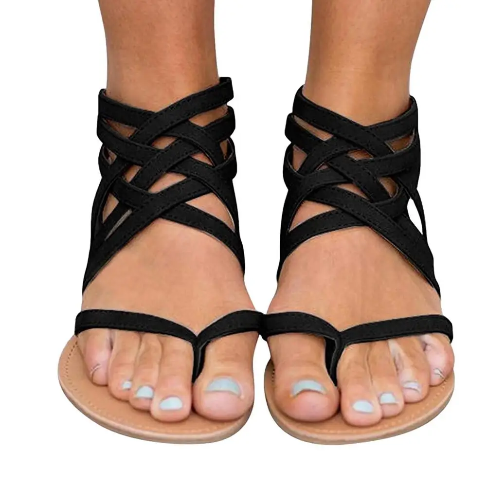 

Roman Sandals woman Open Toe Stacked Bandage vamp Sandals solid color Bohemian Zipper Beach Flat Shoes lady Casual Sandals