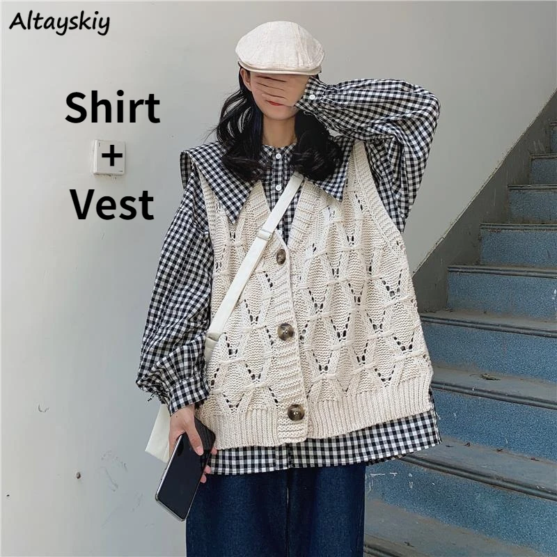 

Women Sets Spring Retro Leisure Art Sailor Collar Long Sleeve Preppy Style Plaid Shirts Knitting Loose Sweater Vests Female Chic