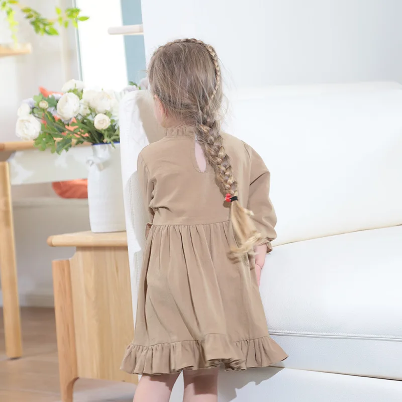 

Girl Casual Khaki Clothes Children Color Pinafore Full Sleeve Dress For Kids Autumn Fashion Dresses Children's Bow Flowers Dress