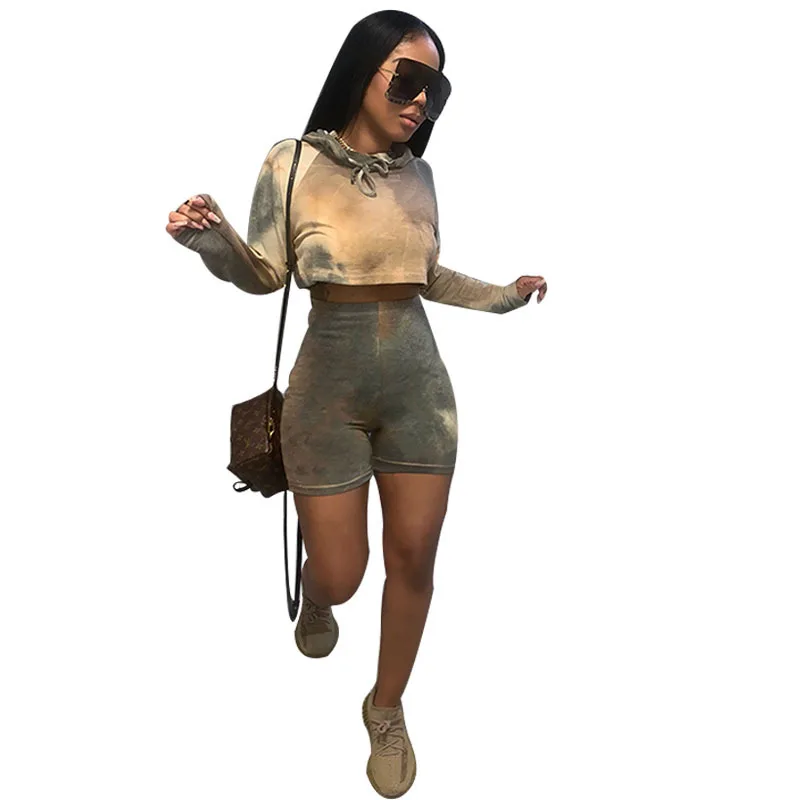 

Tie Dye Print Women 2 Piece Set Pullover Hoodie Crop Sweatshirt Biker Shorts Streetwear 2021 Autumn Loungewear Tracksuit