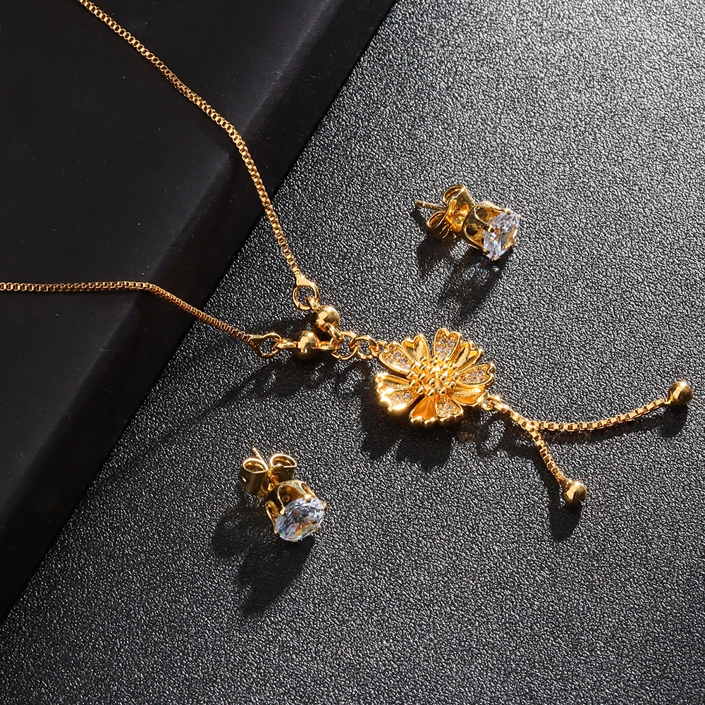

Gold Plate Necklace For Women Jewelry Zirconia Flower Pendant Chain On The Neck Necklaces Earrings Fashion Jewelry 2021