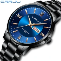 relogio masculino crrju mens watches fashion wristwatch for men stainless steel band waterproof date blue gift quartz watches