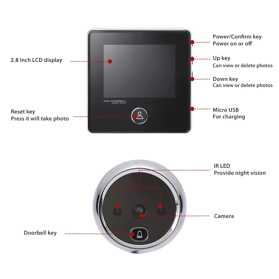 

Wsdcam 2.8 inch LCD Screen Video Doorbell Infrared IR Night Door Peephole Camera Photo Recording Digital Smart Home Door Bell