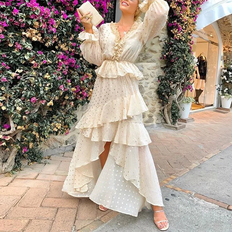 

New women's dress popular sexy V-neck polka dot dress long skirt