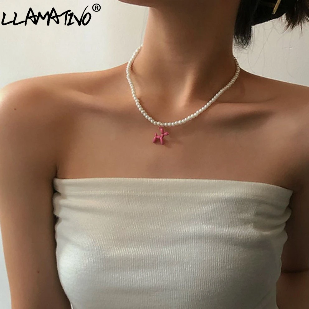 

New Pearl Beaded Enamel Balloon Dog Pendant Necklace For Women Colorful Cartoon Animal Gummy Bear Choker Necklaces Jewelry Gift