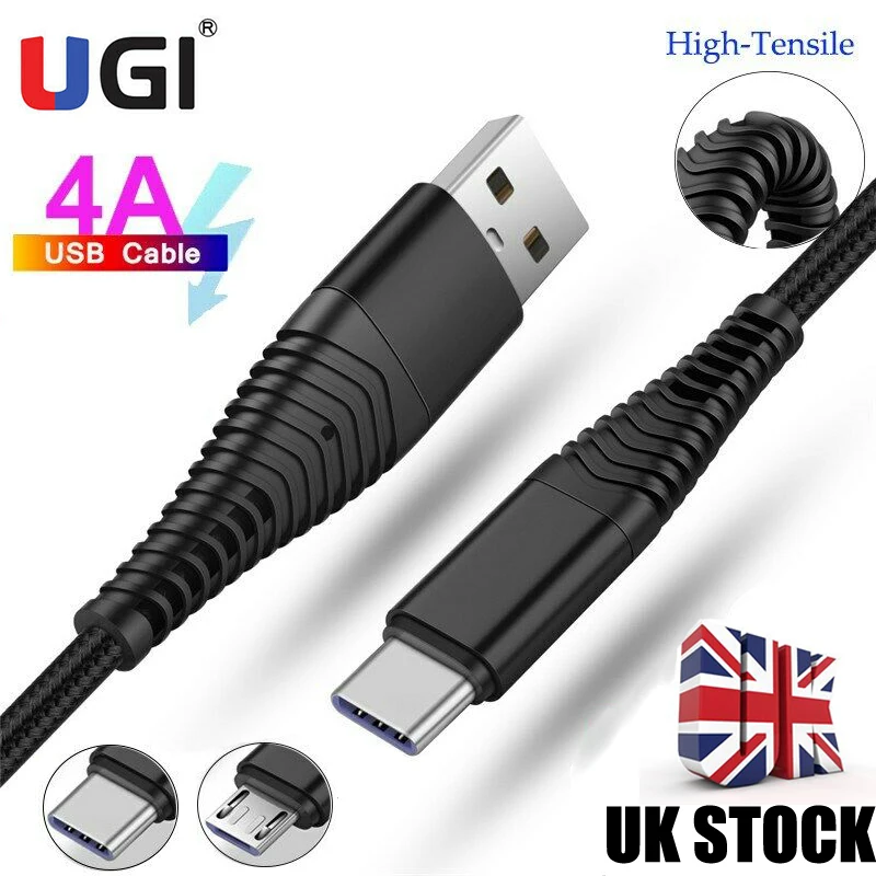 

UGI UK STOCK QC 3.0 4A Fast Charging Type-C USB C Cable Nylon Quick Charge Charger Data Sync Transfer For Samsung Xiaomi RedMi
