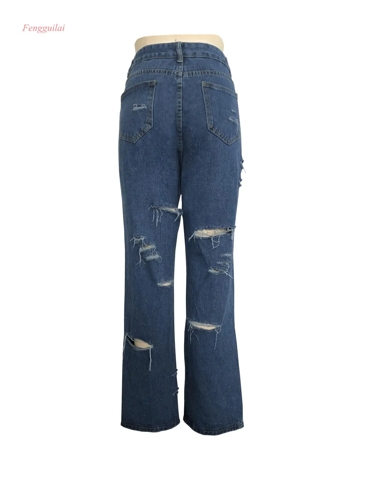 

Blue Ripped Distressed Boyfriend Denim Jeans Women Casual Summer Autumn Hole Plain Straight Leg Pants Spring Trousers Plus Size