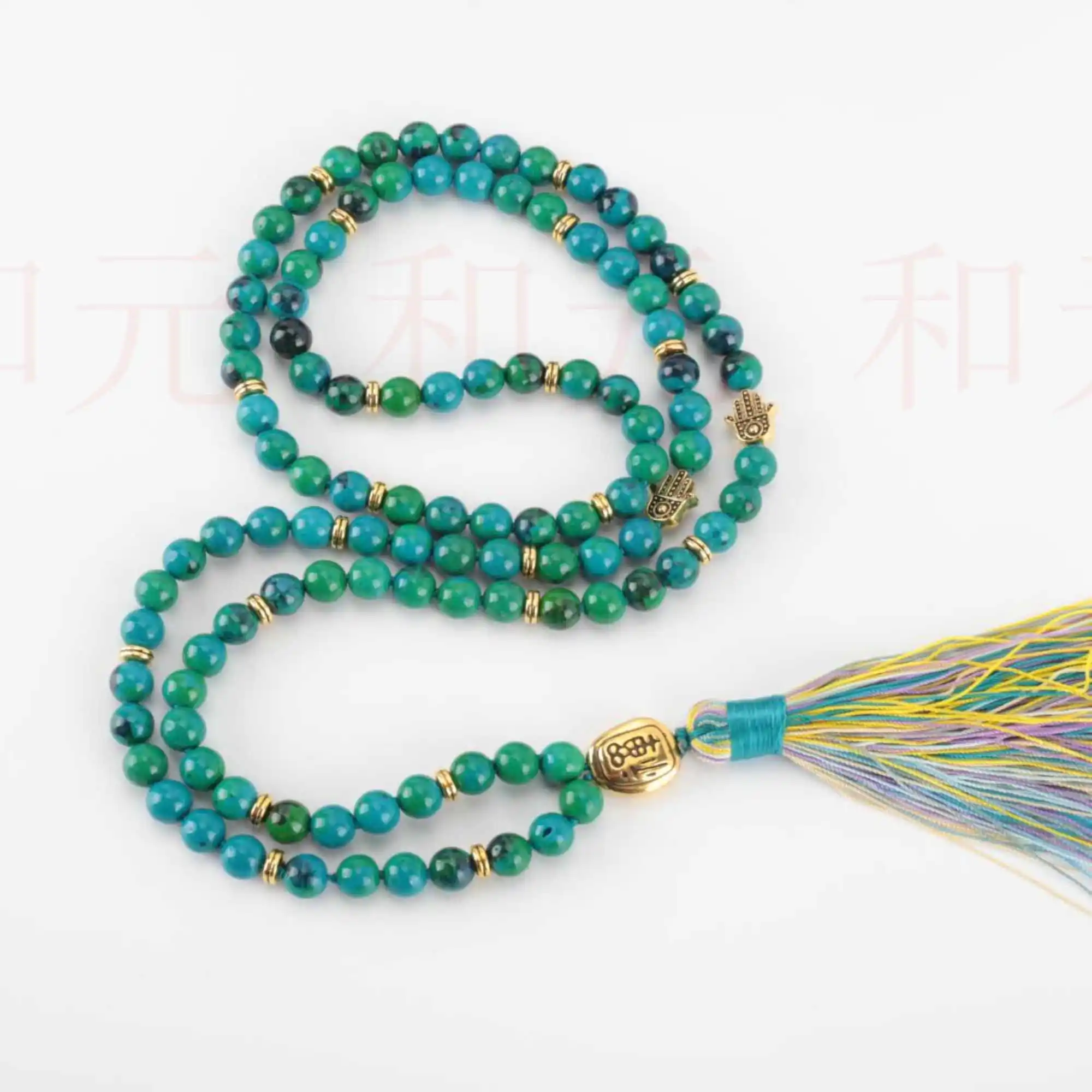 

8mm 108 knot fynchenite gemstone gold buddhist necklace Glowing Elegant Seven Chakras Healing Handmade Fancy Energy Pray Bless