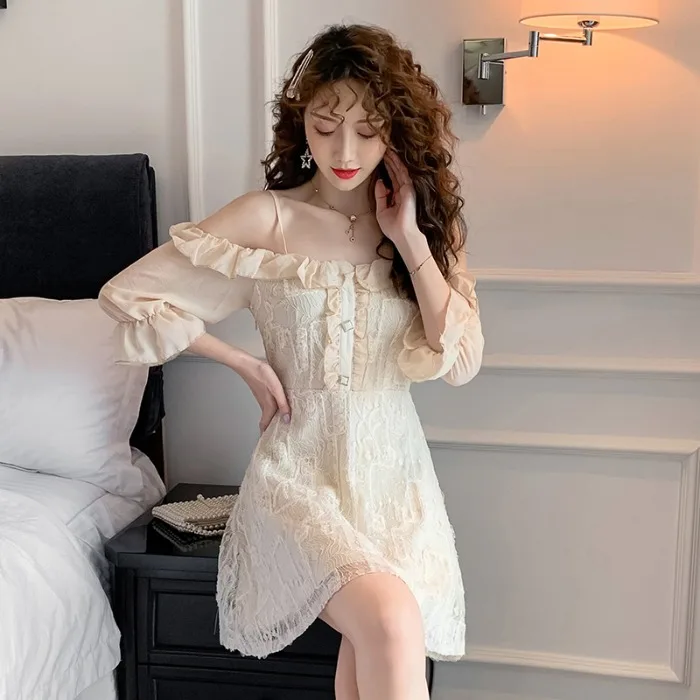 

French Style Temperament Chiffon off-Shoulder Stitching Lace Suspender Dress 2021 Spring New Sexy Slimming Dress for Women