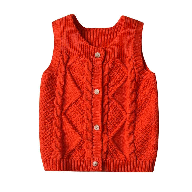 

New Autumn Winter Cotton Cardigan Children's Sweater Vest New Round Neck Solid Color Twist Vest Girl's Knitted Vest