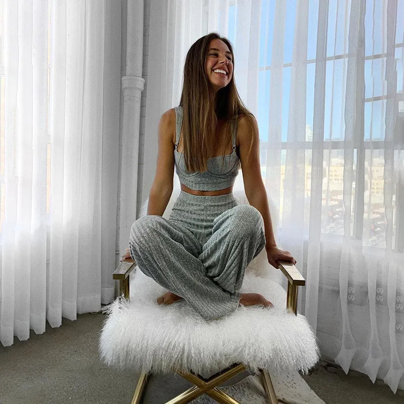 Женский костюм-двойка yuqung в рубчик короткий топ и брюки с широкими штанинами