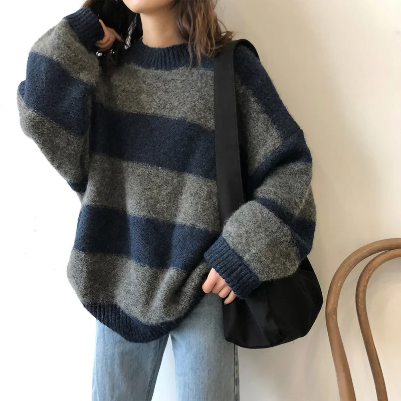 

Женский свитер оверсайз SHZQ, вязаный свитер, полосатый вязаный пуловер, Свободный джемпер с длинным рукавом, Осень-зима, повседневный утепле...