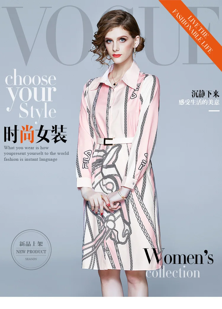 

Spring Women Sashes Dress Button Shirt Dress High Quality Baroque Print Turn-down length Slim Elegant Vestidos Lady luxury Dress