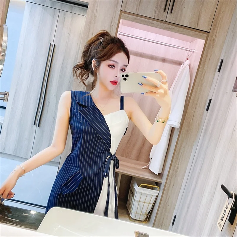 

Zaraes Fashion Robe Y2k High Street A-Line Dresses For Women 2021 V Neck Sleeveless Striped Patchwork Irregular Dress Slim Dress