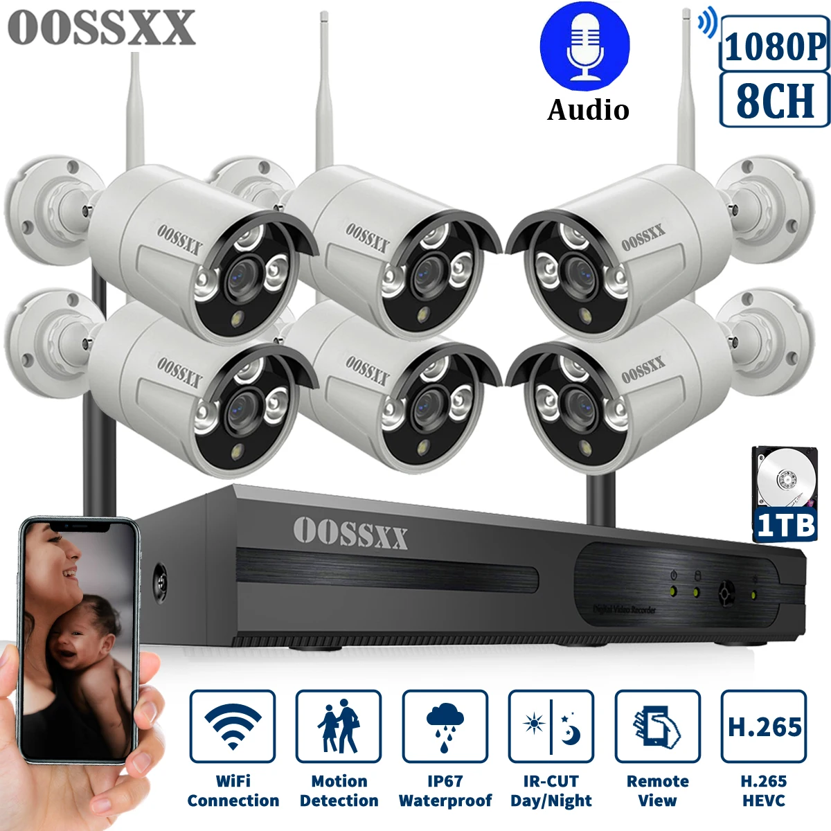 Беспроводная камера видеонаблюдения OOSSXX 8 каналов 1080P NVR 6 шт. 2 МП HD IP|Система