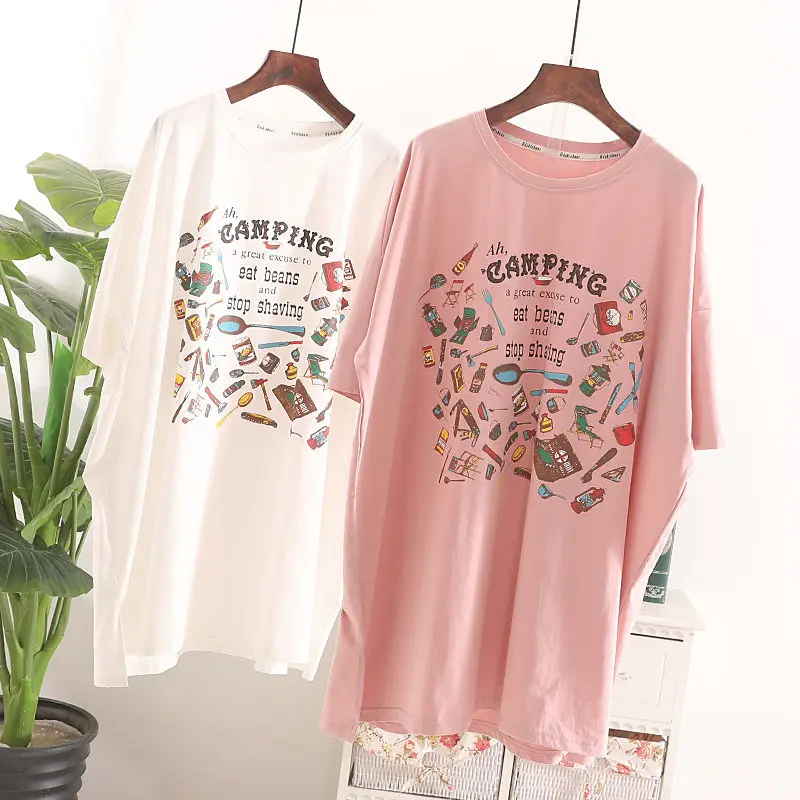 

Large Size Women's Cartoon Print Summer Short-sleeved Loose-fitting Mid-length T-shirt Women