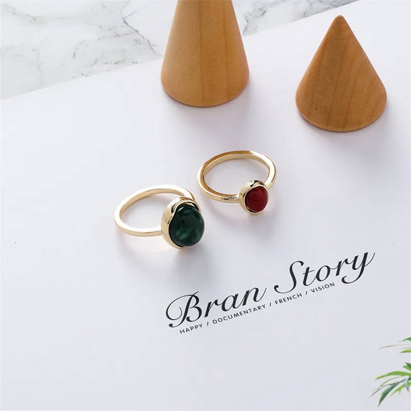 Корея Ретро Простой дизайн красный зеленый круглый драгоценный камень кольцо