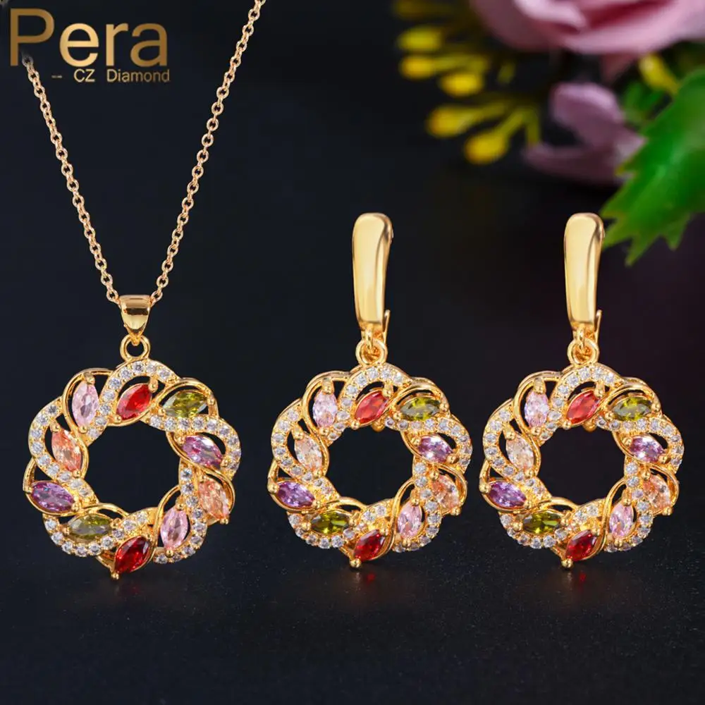 

Pera, новая мода, корейский стиль, разноцветный цветок, розовое золото, кубический цирконий, серьги-гвоздики, ожерелье, набор для женщин, ювели...