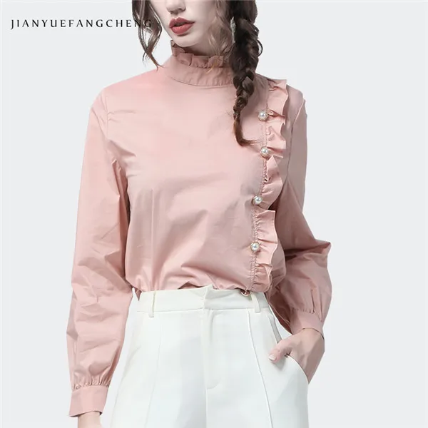 Pink Роскошные Перламутровые оборки мягкая хлопковая блузка для женщин стоячий гофрированный воротник с длинным рукавом плюс размер белые женские топы и блузки - Цвет: Pink