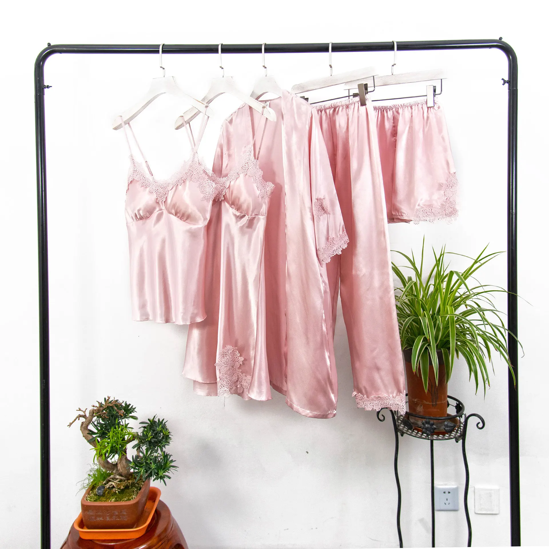 Pink Осенние женские пижамы, 5 шт. в комплекте, женский сексуальный Шелковый Атласный пижамный комплект, пижама с кружевами, женские пижамы, ночные костюмы, домашняя одежда для женщин - Цвет: Pink