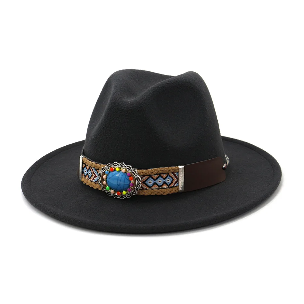 

ZLD Winter fashion new Ethnic style ladies flat brim big brim hat straight edge jazz Fedoras hat retro men cap Casual women hats