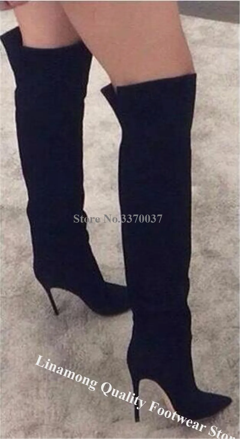 Брендовый дизайн заостренный носок замша кожа выше колена шпилька сапоги синий