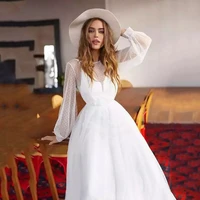 boho white dot wedding dresses tulle long puff sleeves backless a line beach simple bridal gowns summer vestido de noiva 2021
