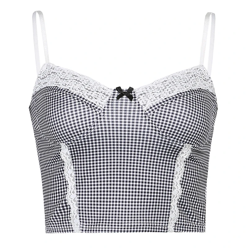 

Lace Patchwork Vintage 2000s Y2K Aesthetic Plaid Crop Cami Top for Women Cute Girls V Neck Spaghetti Strap Y2K Camisole Top