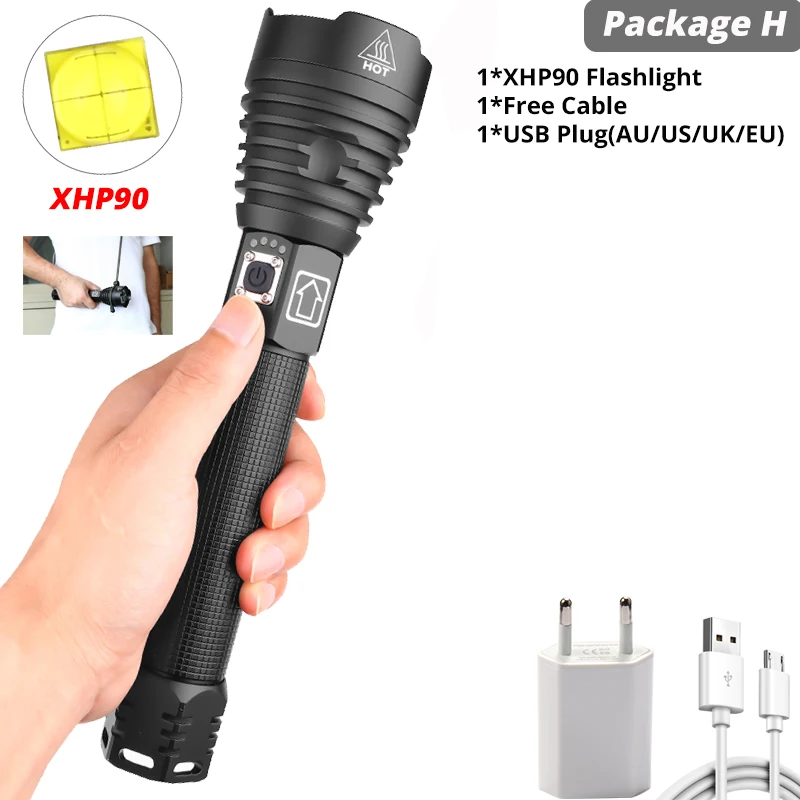Супер мощный Xlamp XHP70.2 XHP90 светодиодный фонарь USB XHP50 лампа Zoom тактический фонарь 18650 26650 перезаряжаемый аккумулятор - Испускаемый цвет: Package H-XHP90