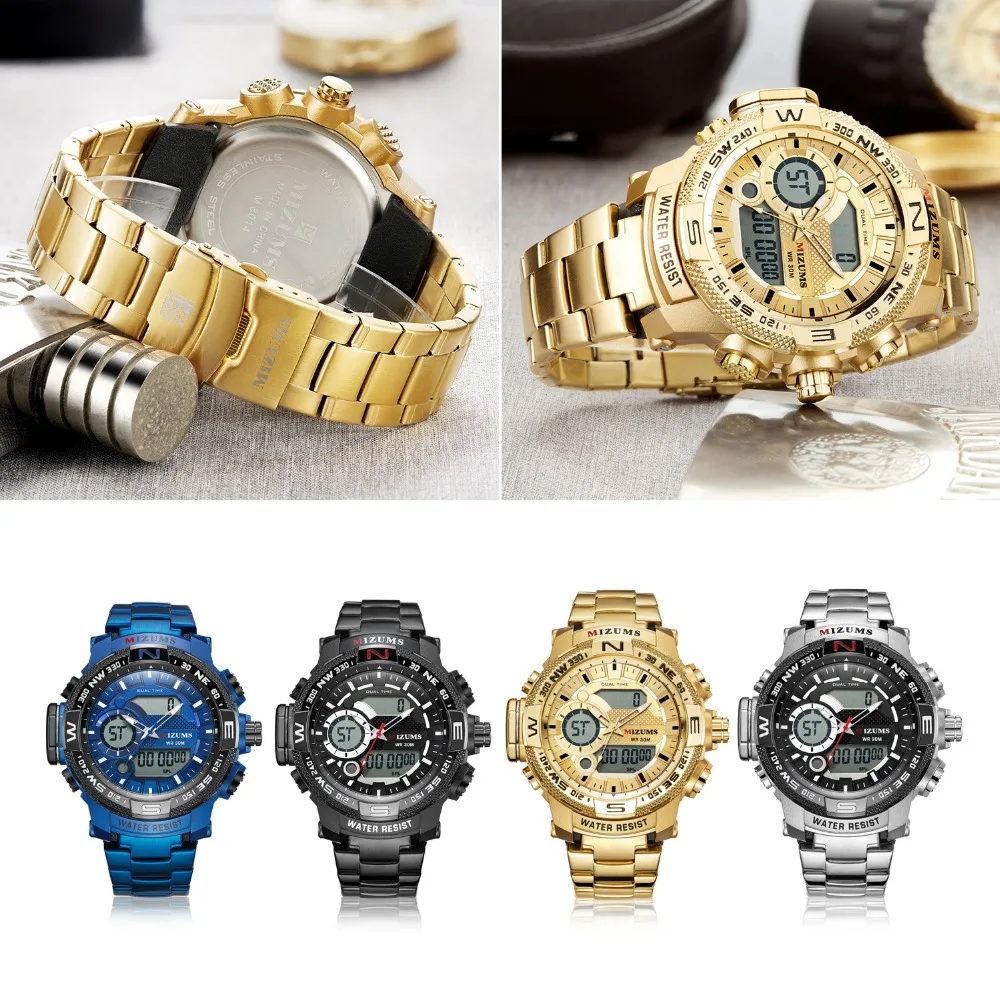 Relogio Masculino, MIZUMS, модные, мужские, светодиодный, спортивные, кварцевые часы, мужские, Роскошные, золотые, из нержавеющей стали, водонепроницаемые часы, мужские часы