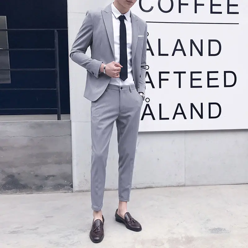 

Men 2021 Spring 2 Pieces Suits Business Blazer +Pants Suit Sets Men Fashion Solid Slim Groom Wedding Dress Suit Blazers W398