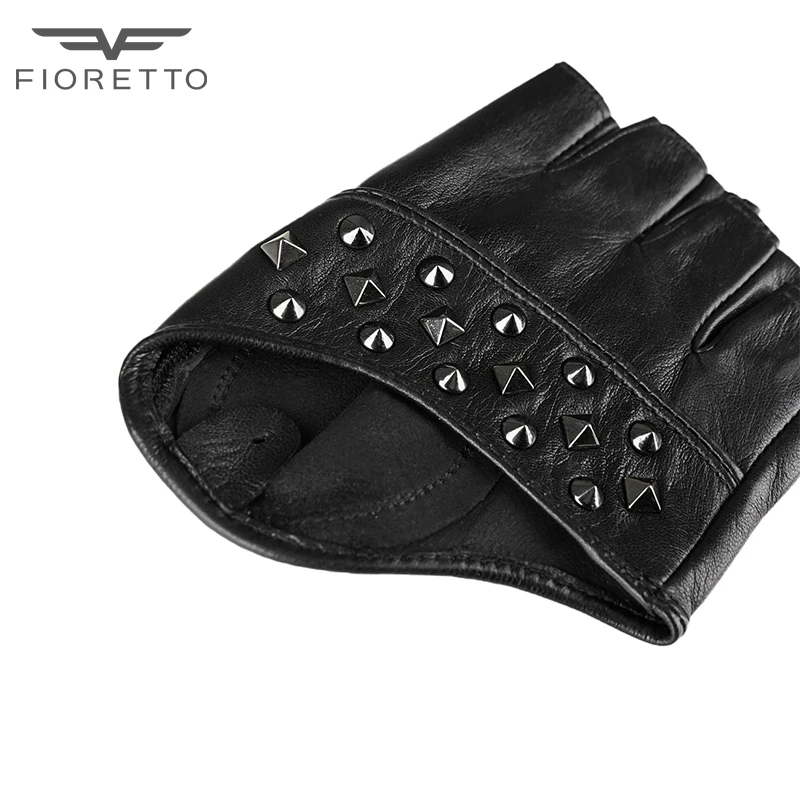 

Fioretto Women Fingerless Leather Gloves Black Half Finger Driving Motocycling Gloves Punk Rock Rivets Studs Gloves Black