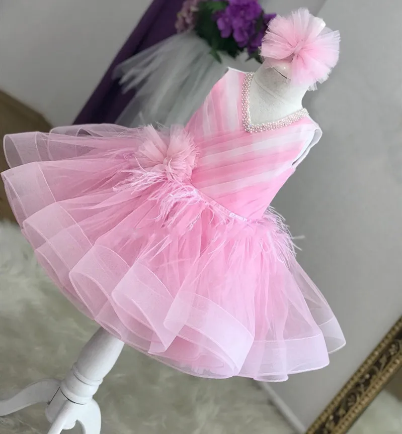 Pink Tulle Organza V neck Baby Girl First Birthday Dress Pearls Feather Flower Girl Dress Children Pageant Gown 12m 18m 24m