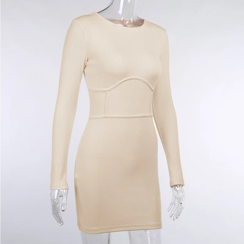

Sexy Ribbed Knitting O Neck Bodycon Dress Long Sleeve Autumn Mini Short Dress Solid High Waist Women Dresses Vestido De Mujer